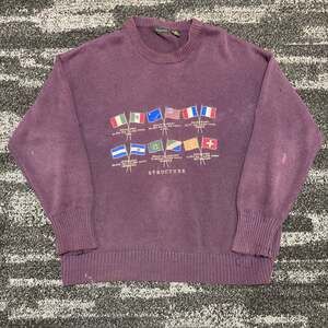 Vintage 90s Structure Sweater Mens M Purple Mountain Flags Ramie Knit Distressed